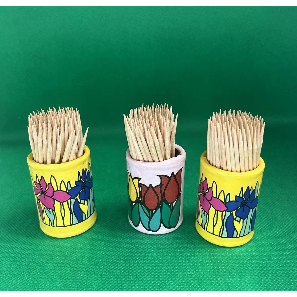 Vtg Toothpick Holder‎ Lot Of 3 Floral Paper Set Mod Boho